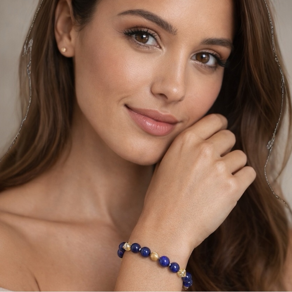 Beaded Bracelet Handmade Hand Crafted Stone Beads Jewelry Blue Gold Crystals